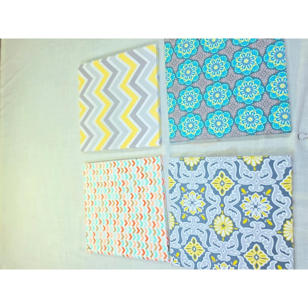 Set of 4 Canvas Wall Art 12x12 Yellow Grey Teal Chevron Floral Geometric Prints